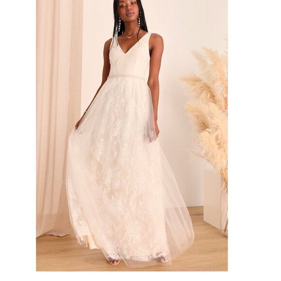 Lulus Sweet Love Ivory Lace Beaded Maxi Dress XS New NWT - Picture 1 of 6
